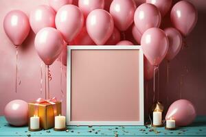 Birthday mockup with frame, pastel balloons and confetti on pink table top view Flat lay style AI Generated photo