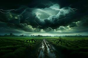 Green field dazzles amidst thunderstorm AI Generated photo