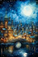 A whimsical winter panorama captures the enchanting skylines of European cities in a dreamy watercolor painting photo