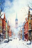 Whimsical snowy landscapes of Canadian cities captured in vibrant watercolors showcasing the unique charm of wintry scenes photo