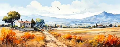 un pintoresco acuarela pintura de un encantador Mediterráneo pueblo con vibrante otoño colores antecedentes con vacío espacio para texto foto