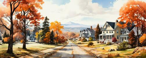 A picturesque watercolor painting showcasing a charming American small town in autumn background with empty space for text photo