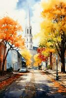 Capture the picturesque charm of autumn in this watercolor illustration of an idyllic American small town photo