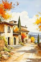 un pintoresco Mediterráneo pueblo retratado en acuarelas capturar el esencia de otoño con un vacío cielo como un antecedentes para texto foto