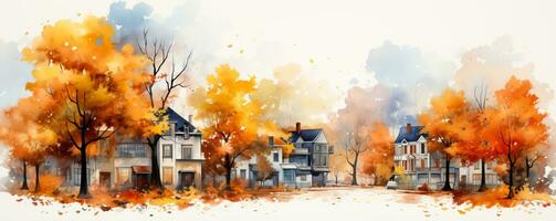 A charming watercolor painting of a cozy small town street with colorful buildings and falling autumn leaves background with empty space for text photo