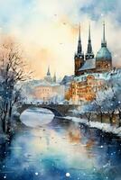 A whimsical winter scene captures the enchanting skylines of European cities in a stunning watercolor painting photo