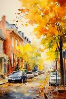 A picturesque watercolor painting showcasing a charming American small town in autumn background with empty space for text photo