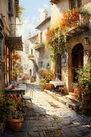 Artists capture the charm of Mediterranean villages with ornate watercolor paintings revealing autumnal hues and idyllic scenes photo