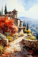 Vibrant watercolor depiction of a quaint Mediterranean village nestled amidst the rich hues of autumn photo