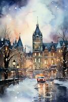 Watercolor painting of a quaint Canadian city blanketed in snow with cozy buildings and twinkling streetlights photo