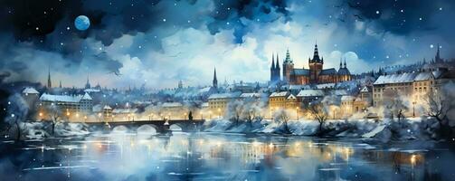 un maravilloso acuarela horizonte de Praga capturar el mágico invierno atmósfera con sus Nevado tejados y brillante noche luces foto