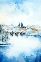 A snowy watercolor painting of Pragues skyline with a serene background and empty space for text photo
