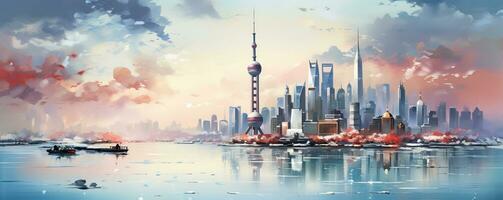 Vibrant watercolor strokes create a dreamy atmosphere showcasing the serene beauty of snow-covered Asian megacities photo