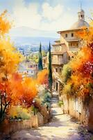 un vibrante acuarela pintura de un encantador Mediterráneo pueblo anidado entre dorado otoñal arboles celebrando el recompensas de el temporada foto
