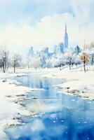 A stunning watercolor painting portraying a snow-covered skyline of an Asian megacity with a serene background and ample space for text photo