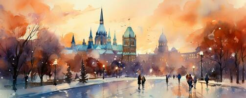 A picturesque winter evening in a Canadian city alive with vibrant watercolor portrayals of wintry scenes photo