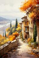 A vibrant watercolor painting of a charming Mediterranean village nestled among golden autumnal trees celebrating the bounties of the season photo
