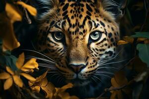 intenso mirada, de cerca de un joven leopardo, camuflado en el bosque ai generado foto