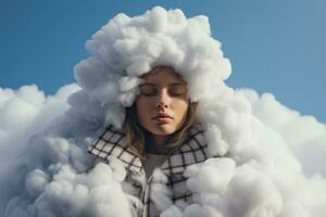 Woman in cosy plaid made from clouds photo