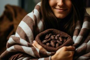 mujer en acogedor tartán hecho desde cacao foto