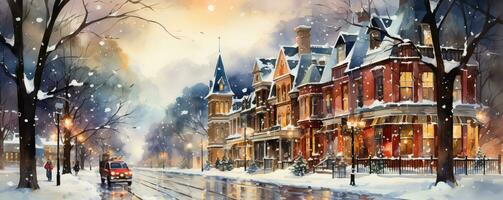 Watercolor painting of a quaint Canadian city blanketed in snow with cozy buildings and twinkling streetlights photo