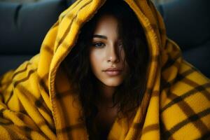 Woman in cosy plaid made from honey photo