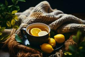 mujer en acogedor tartán hecho desde limones y jengibre foto