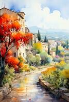 Vibrant watercolor depiction of a quaint Mediterranean village nestled amidst the rich hues of autumn photo