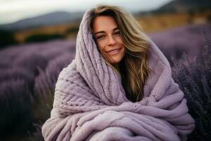 Woman in cosy plaid made from lavender photo