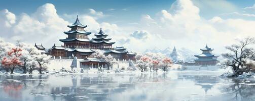 Serene snow-cloaked skyline of an Asian megacity transformed into an ethereal masterpiece by delicate watercolor strokes photo
