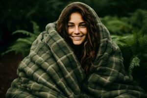 Woman in cosy plaid made from forest photo