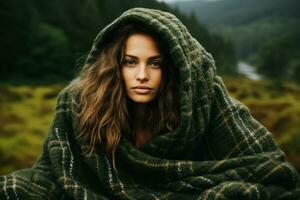 Woman in cosy plaid made from forest photo