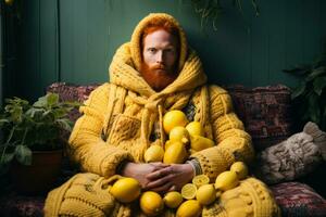 hombre en acogedor tartán hecho desde limones y jengibre foto