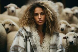 Woman in cosy plaid made from sheeps photo
