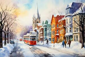 Whimsical snowy landscapes of Canadian cities captured in vibrant watercolors showcasing the unique charm of wintry scenes photo