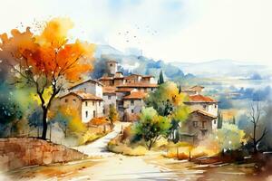 A picturesque watercolor painting of a charming Mediterranean village with vibrant autumn colors background with empty space for text photo