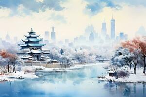 A vibrant watercolor painting of a snow-covered Asian megacity blending shades of white blue and grey evoking a serene winter scene photo