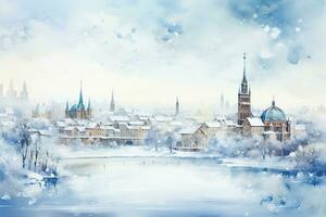 A stunning watercolor painting capturing a snowy European skyline adorned with intricate architectural details background with empty space for text photo