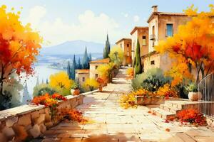 A picturesque watercolor painting of a charming Mediterranean village with vibrant autumn colors background with empty space for text photo