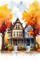 Capturing the essence of fall this photo displays charming American small towns adorned in stunning watercolor illustrations