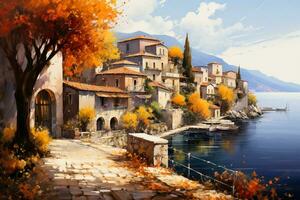 un pintoresco Mediterráneo pueblo anidado entre vibrante otoño follaje revelador un tranquilo y encantador acuarela pintura ven a vida foto