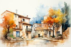 A picturesque Mediterranean village portrayed in watercolors capturing the essence of autumn with an empty sky as a background for text photo