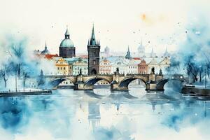 A snowy watercolor painting of Pragues skyline with a serene background and empty space for text photo