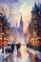 A picturesque winter evening in a Canadian city alive with vibrant watercolor portrayals of wintry scenes photo