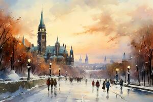 A picturesque winter evening in a Canadian city alive with vibrant watercolor portrayals of wintry scenes photo