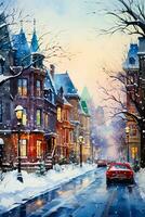 Whimsical snowy landscapes of Canadian cities captured in vibrant watercolors showcasing the unique charm of wintry scenes photo