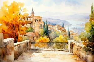 A picturesque watercolor painting of a charming Mediterranean village with vibrant autumn colors background with empty space for text photo