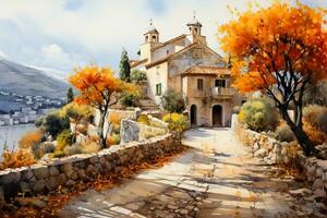 A vibrant watercolor painting of a charming Mediterranean village nestled among golden autumnal trees celebrating the bounties of the season photo