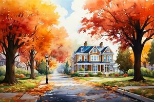A vibrant watercolor illustration showcasing a cozy American small town in autumn with colorful leaves and charming architecture photo