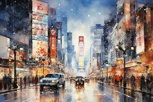 The serene beauty of snow-clad Asian megacities encapsulated in dreamy watercolor strokes photo